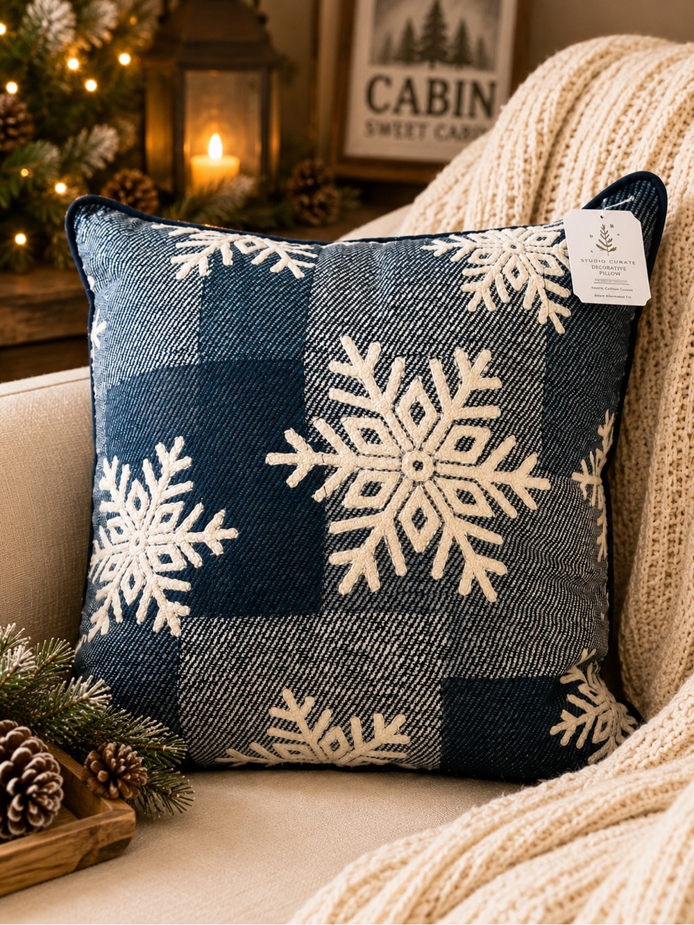 Embroidered Snowflake Throw Pillow 20x20 Cotton Winter Farmhouse Decor